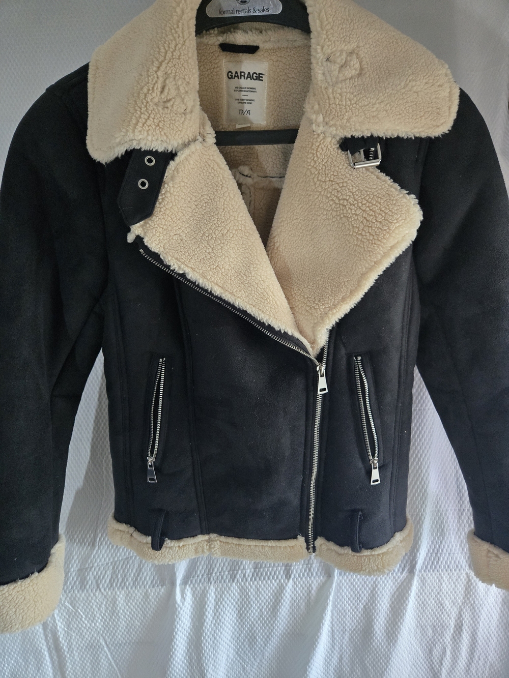 Garage Women's Black Faux-Shearling Moto Jacket with Cream Trim